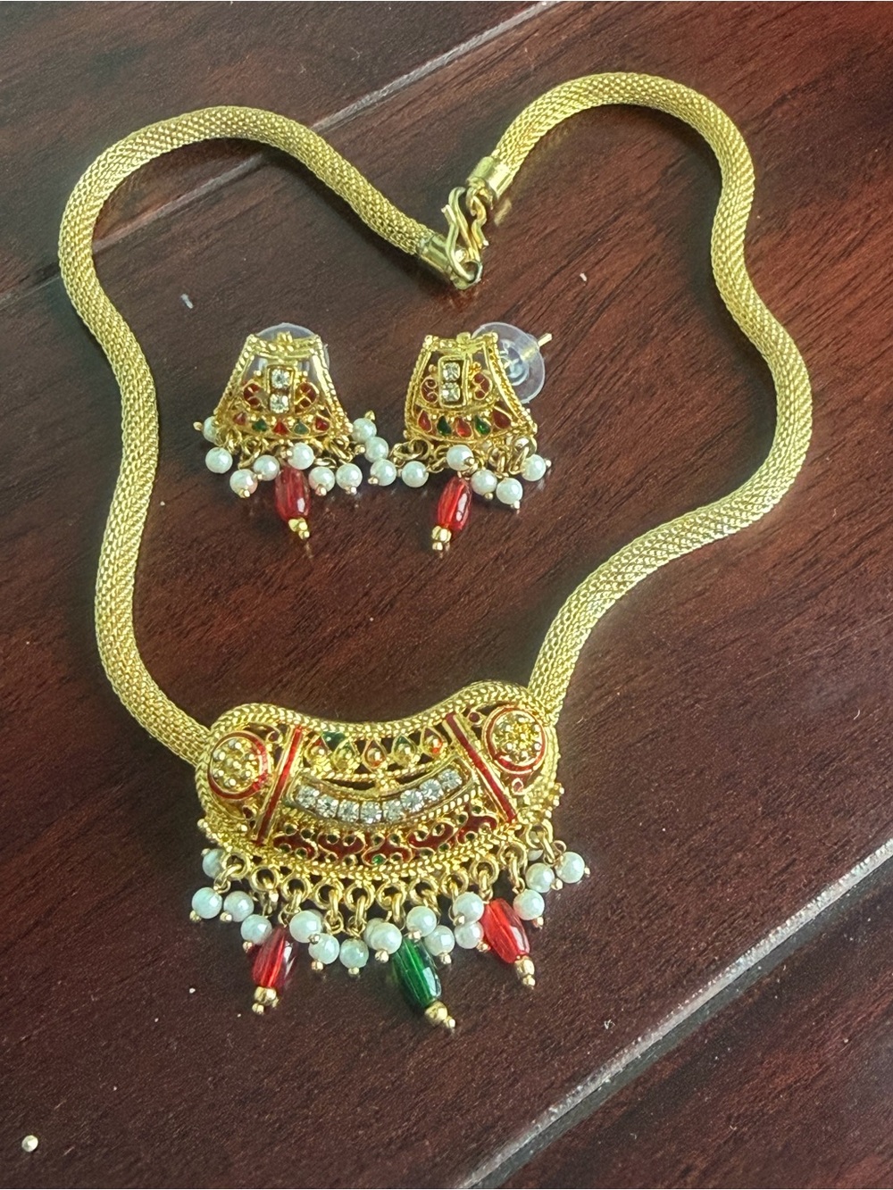 Gold-Tone Traditional Pendant Necklace Set with Red & Green Accents